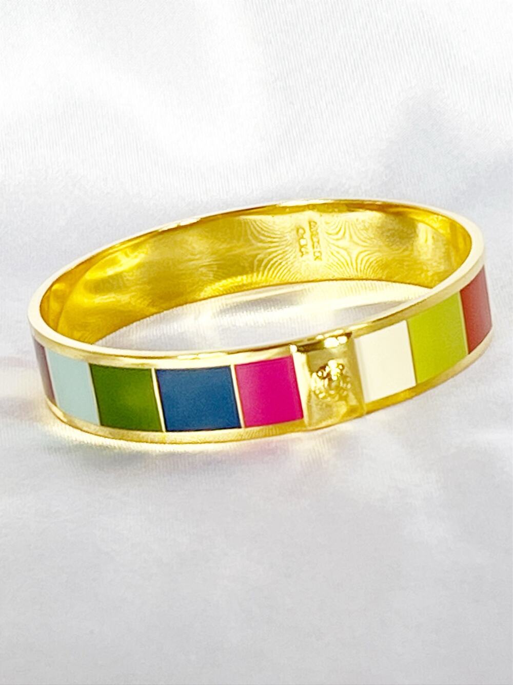 COACH Legacy Stripe Gold Tone Enamel Bangle Bracelet Vibrant Color Blocks Inlay